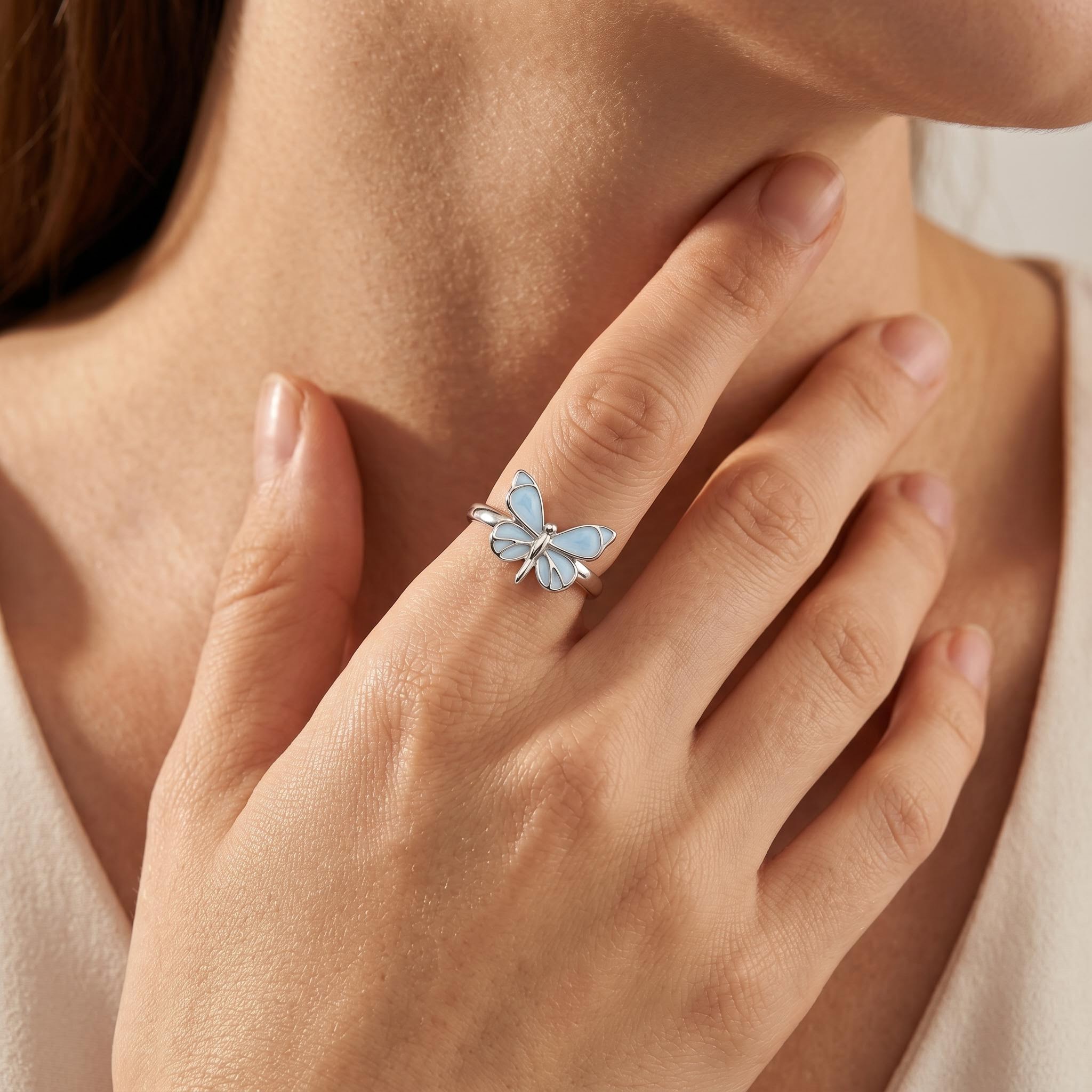 Blue Butterfly Glow S925 Silver Open Ring Blue Butterfly Glow S925 Silver Open Ring