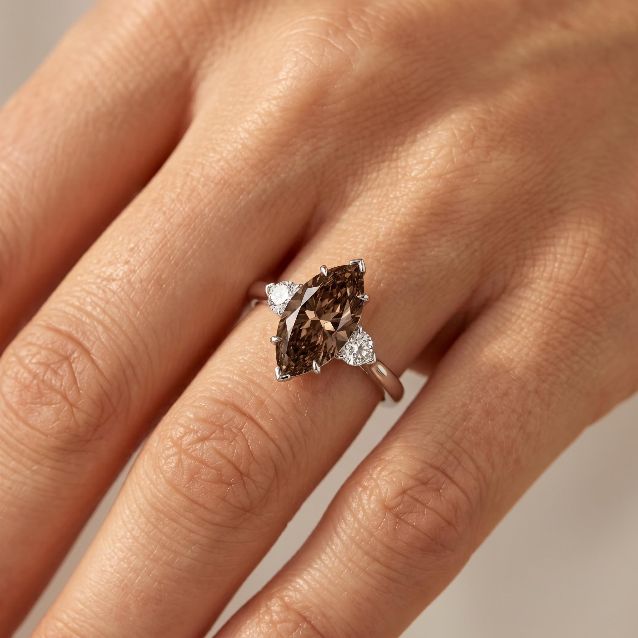 3.6 ct.tw. Marquise Cut Three-stone Coffee Chocolate Stone Engagement Ring