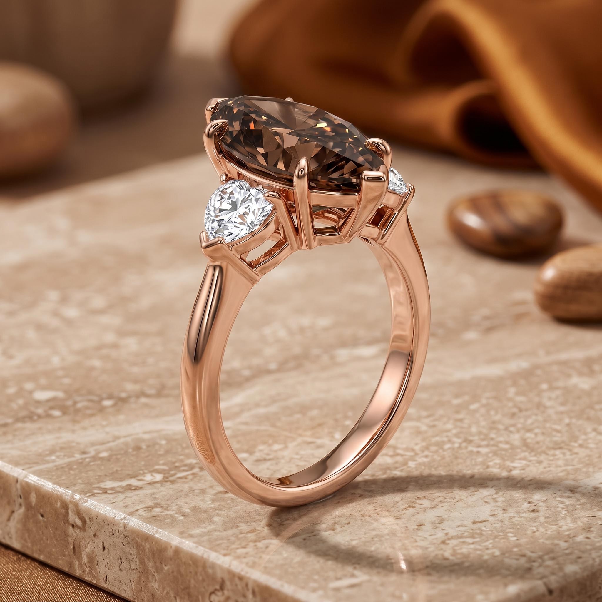 3.6 ct.tw. Marquise Cut Three-stone Coffee Chocolate Stone Engagement Ring