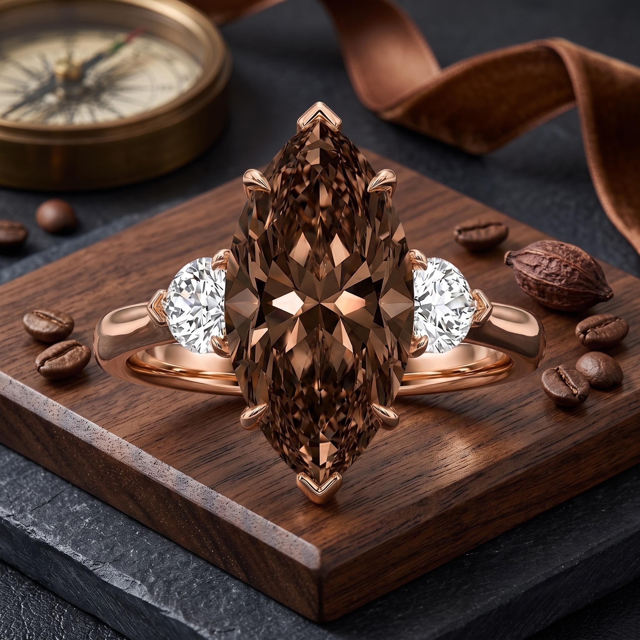 3.6 ct.tw. Marquise Cut Three-stone Coffee Chocolate Stone Engagement Ring