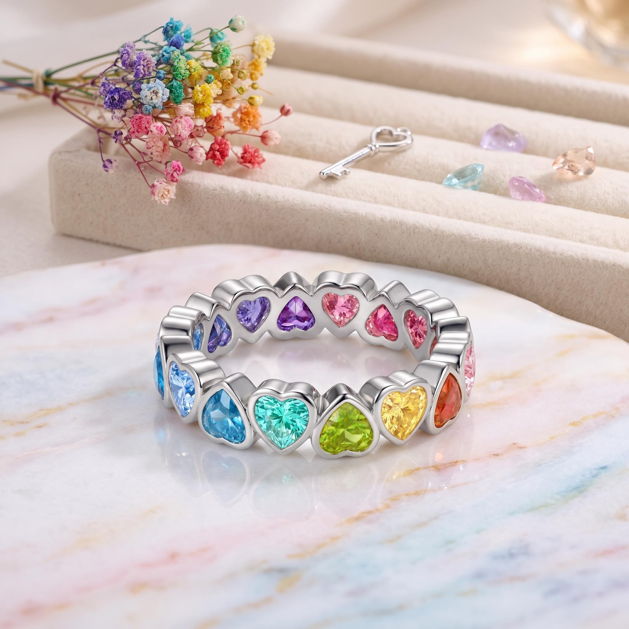 4.2 ct.tw. Rainbow Alternating Bezel Hearts Eternity Band 4.2 ct.tw. Rainbow Alternating Bezel Hearts Eternity Band
