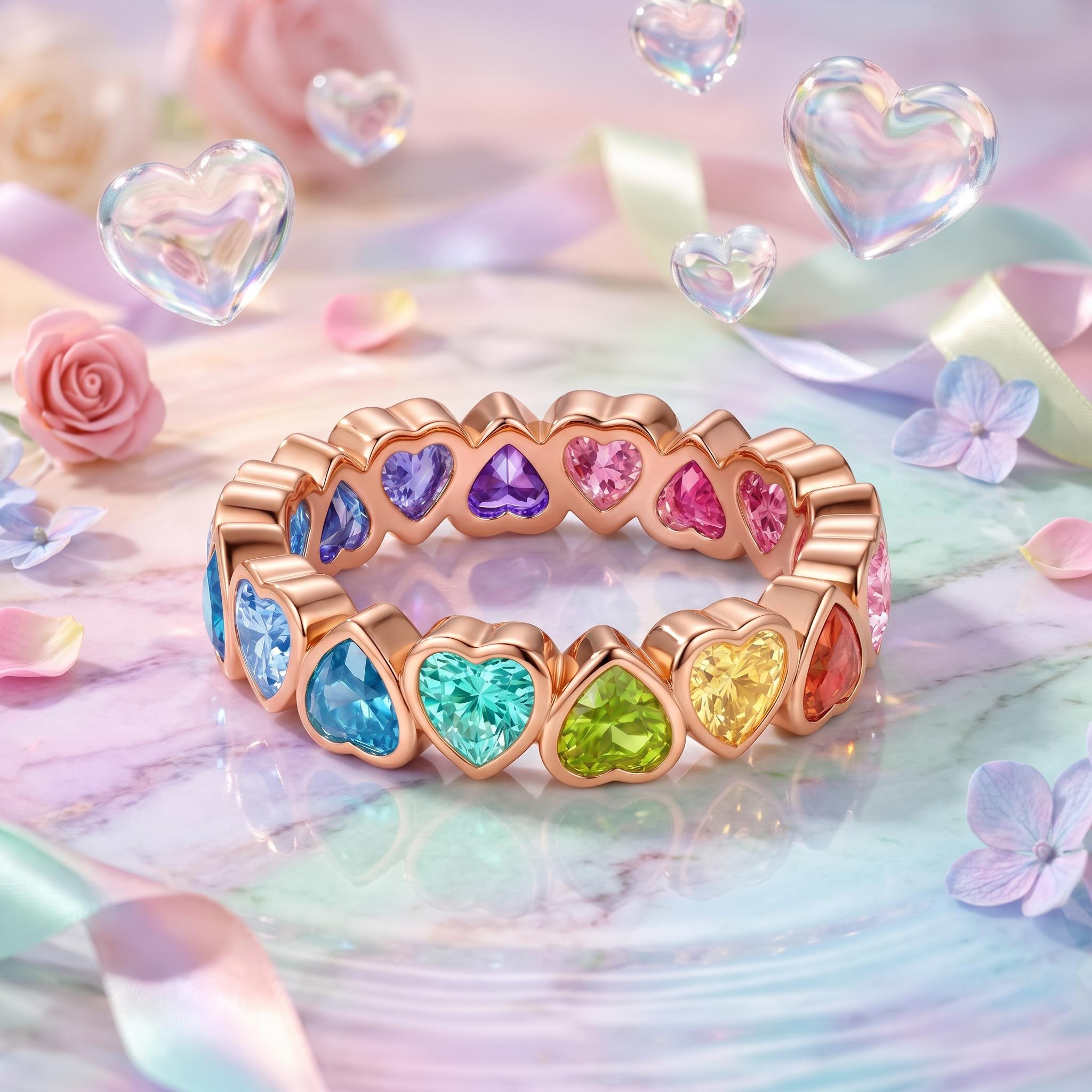 4.2 ct.tw. Rainbow Alternating Bezel Hearts Eternity Band 4.2 ct.tw. Rainbow Alternating Bezel Hearts Eternity Band