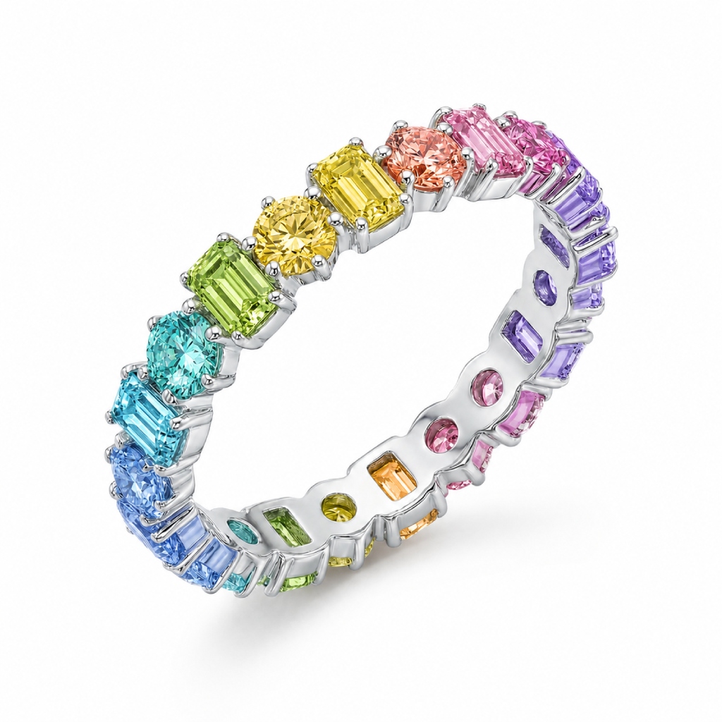 4mm Rainbow Alternating Round and Emerald Cut Wedding Band 4mm Rainbow Alternating Round and Emerald Cut Wedding Band