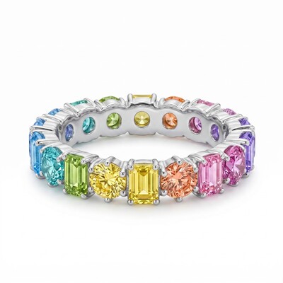 4mm Rainbow Alternating Round and Emerald Cut Wedding Band