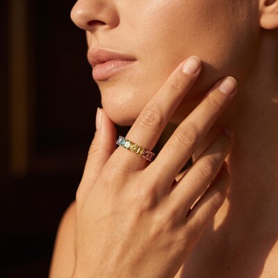 4mm Rainbow Alternating Round and Emerald Cut Wedding Band