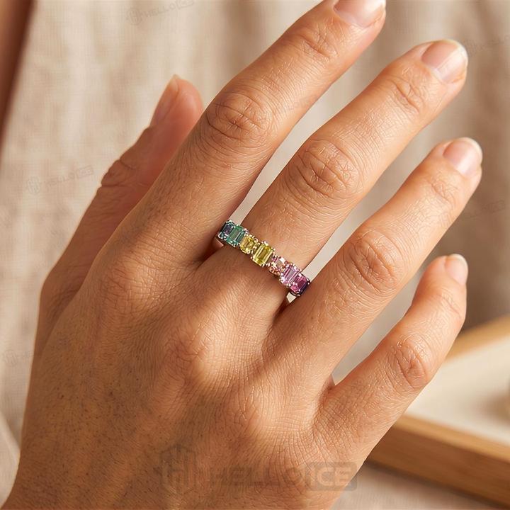 5mm Rainbow Alternating Round and Emerald Cut Wedding Band 5mm Rainbow Alternating Round and Emerald Cut Wedding Band