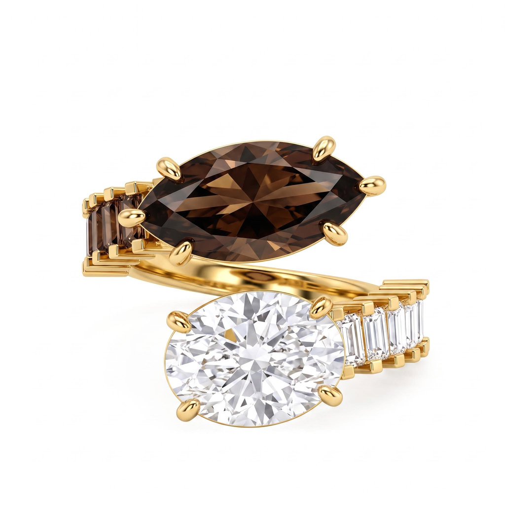12 ct.tw. Two-Stone Marquise Coffee Chocolate Stone & Oval White Diamond Ring 12 ct.tw. Two-Stone Marquise Coffee Chocolate Stone & Oval White Diamond Ring