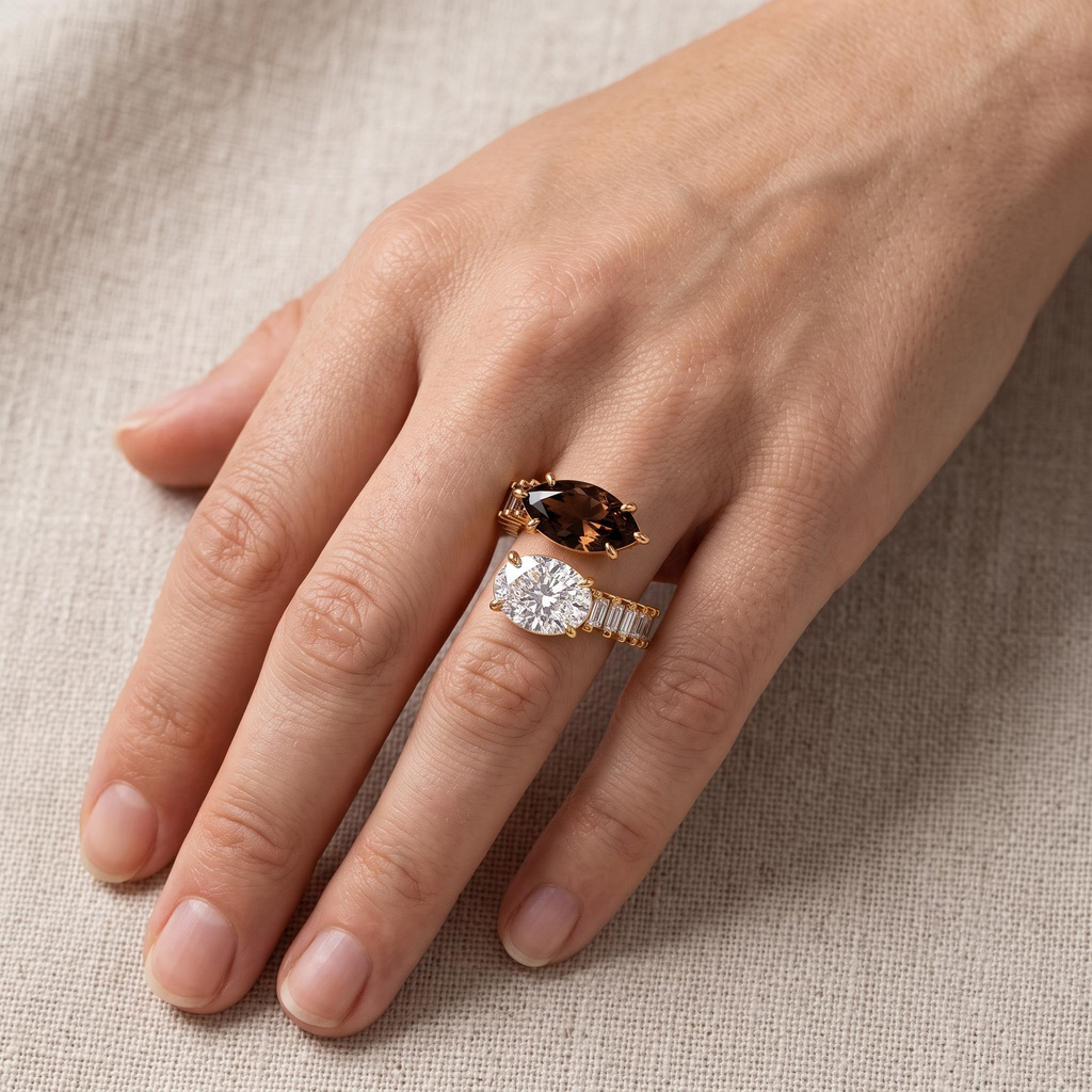 12 ct.tw. Two-Stone Marquise Coffee Chocolate Stone & Oval White Diamond Ring 12 ct.tw. Two-Stone Marquise Coffee Chocolate Stone & Oval White Diamond Ring