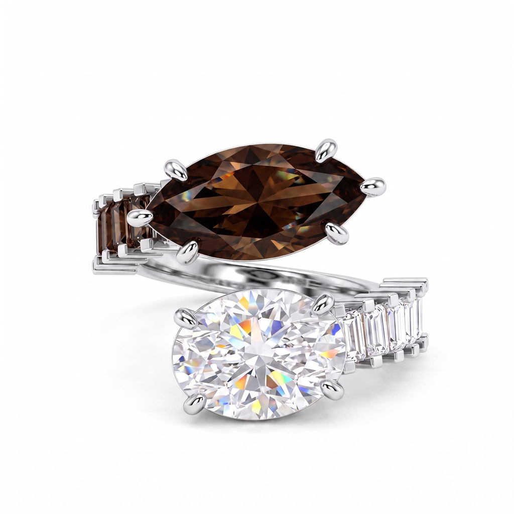 12 ct.tw. Two-Stone Marquise Coffee Chocolate Stone & Oval White Diamond Ring 12 ct.tw. Two-Stone Marquise Coffee Chocolate Stone & Oval White Diamond Ring