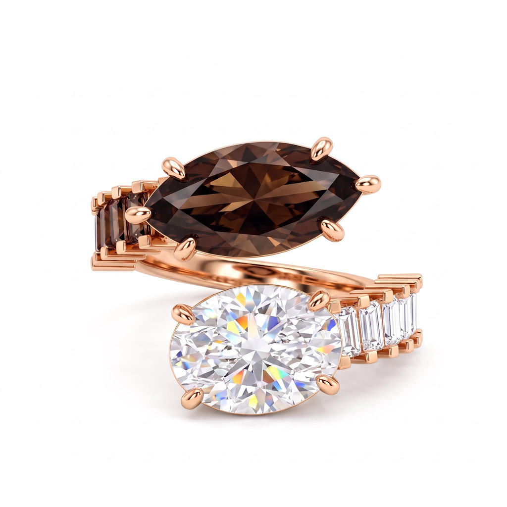 12 ct.tw. Two-Stone Marquise Coffee Chocolate Stone & Oval White Diamond Ring 12 ct.tw. Two-Stone Marquise Coffee Chocolate Stone & Oval White Diamond Ring