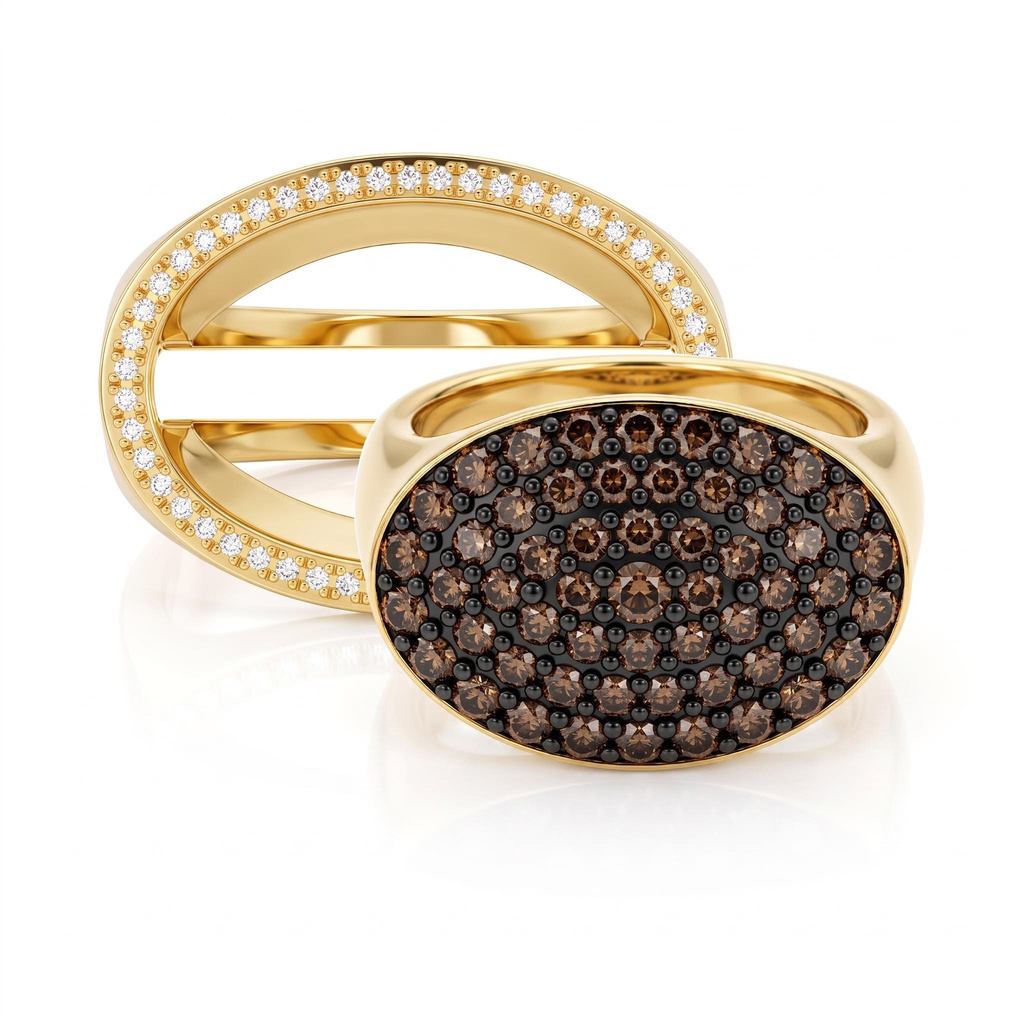 1.67 ct.tw. Oval Pave  Coffee Chocolate Stone & White Diamond Double Band Ring Set