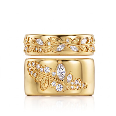 0.75 ct.tw. Vintage Gold-Plated Leaf Relief Marquise Cut Stacking Ring Set