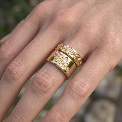 0.75 ct.tw. Vintage Gold-Plated Leaf Relief Marquise Cut Stacking Ring Set