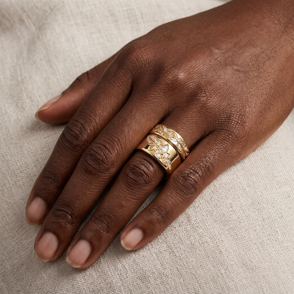 0.75 ct.tw. Vintage Gold-Plated Leaf Relief Marquise Cut Stacking Ring Set 0.75 ct.tw. Vintage Gold-Plated Leaf Relief Marquise Cut Stacking Ring Set