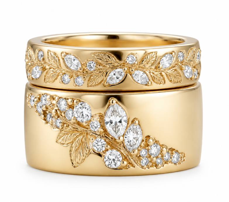 0.75 ct.tw. Nature-inspired Vintage Vine Leaf Wide Band Ring Set 0.75 ct.tw. Nature-inspired Vintage Vine Leaf Wide Band Ring Set