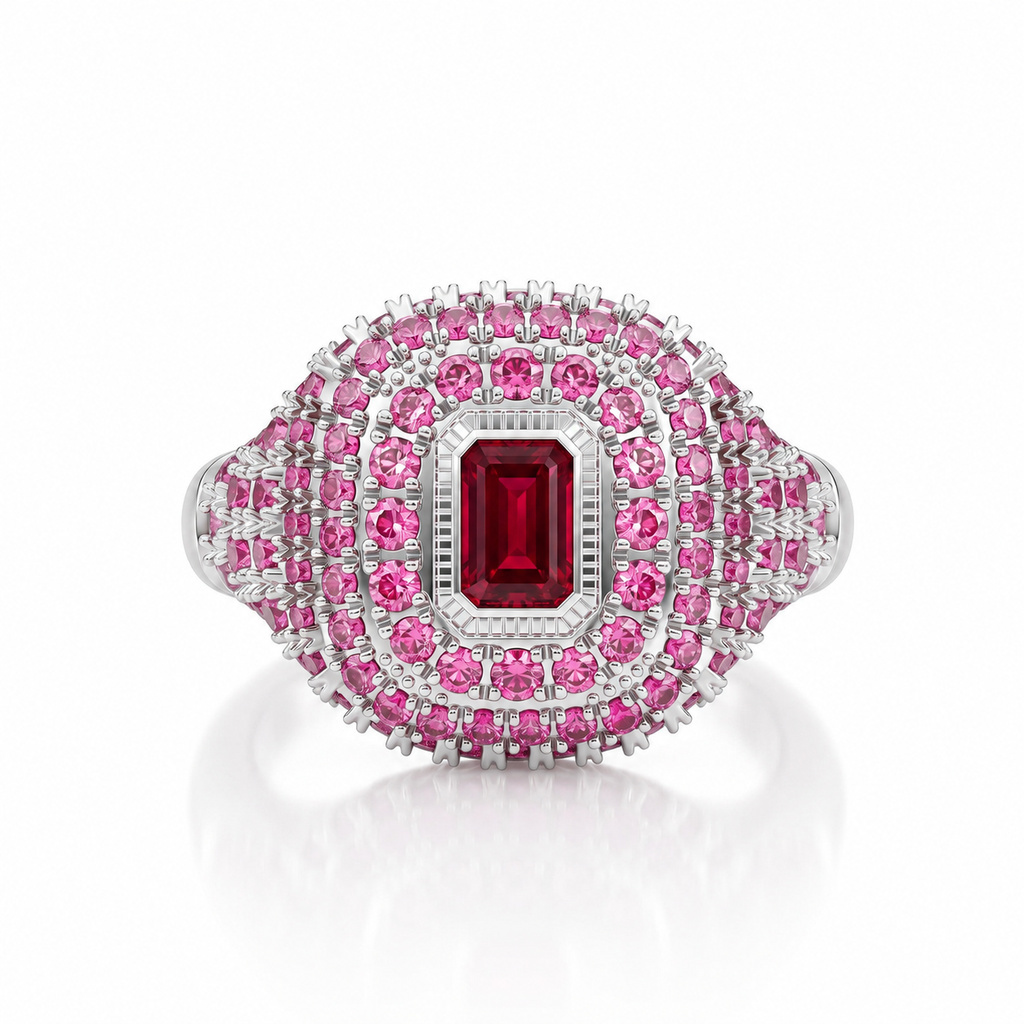 2.0 ct.tw. Emerald Cut Full Pavé Halo Wide Statement Ring 2.0 ct.tw. Emerald Cut Full Pavé Halo Wide Statement Ring