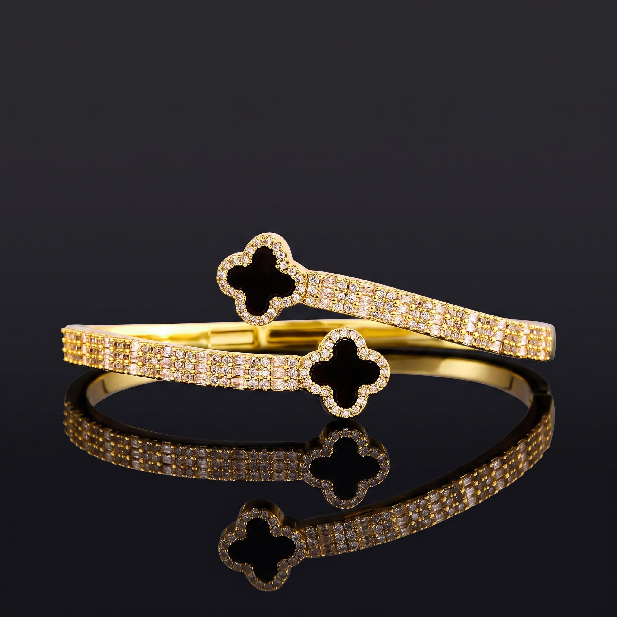 Iced Out Black Four-Leaf Clover Open Cuff Bracelet