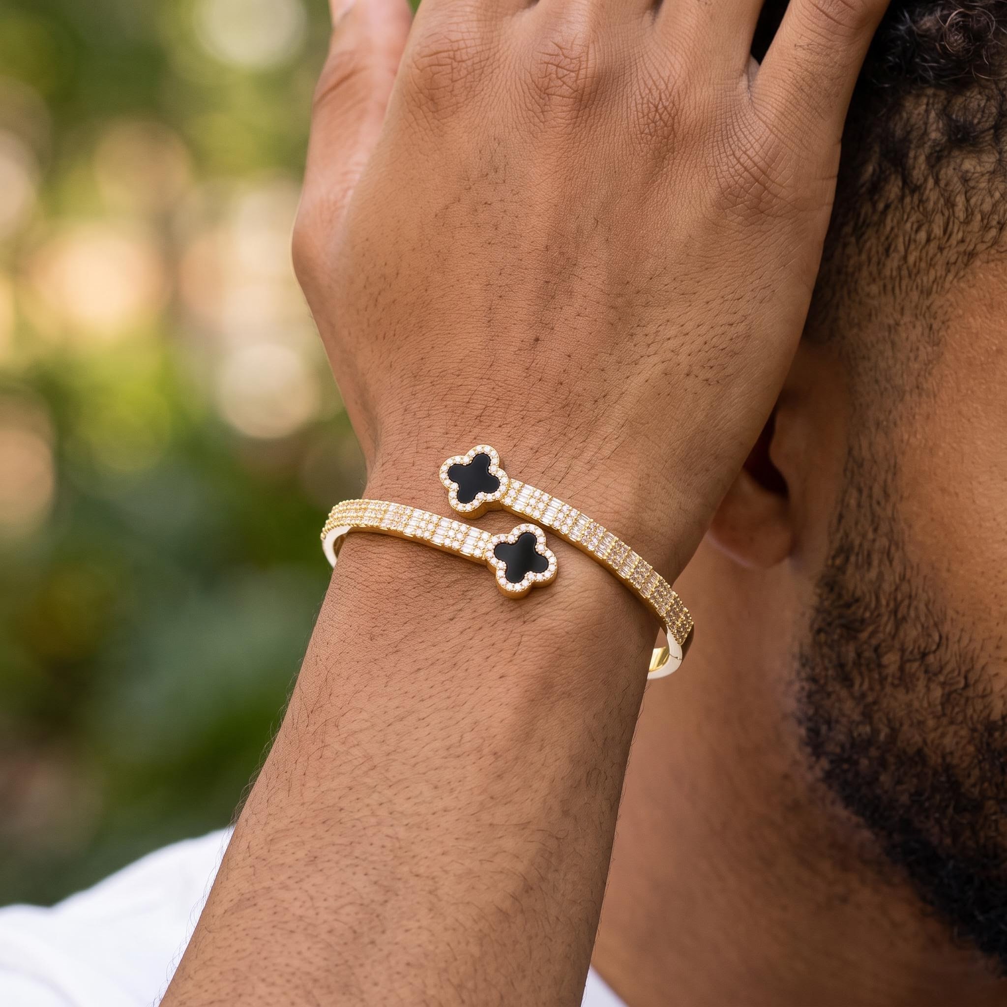 Iced Out Black Four-Leaf Clover Open Cuff Bracelet