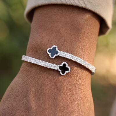 Iced Out Black Four-Leaf Clover Open Cuff Bracelet