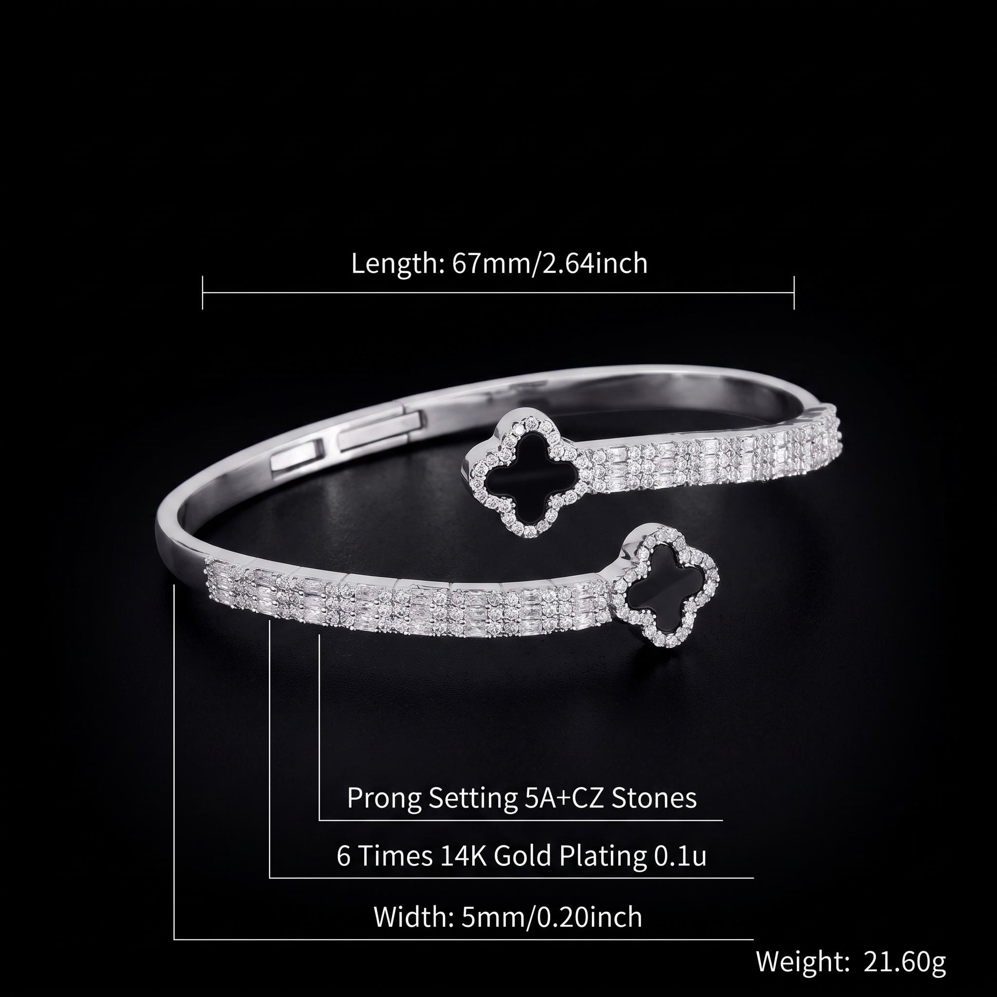 Iced Out Black Four-Leaf Clover Open Cuff Bracelet