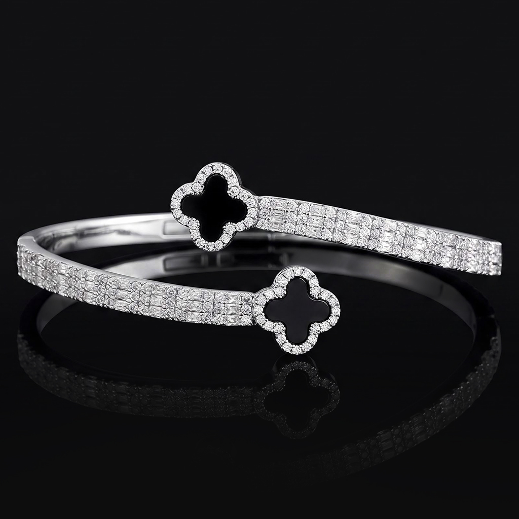 Iced Out Black Four-Leaf Clover Open Cuff Bracelet