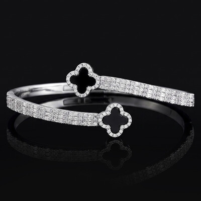 Iced Out Black Four-Leaf Clover Open Cuff Bracelet