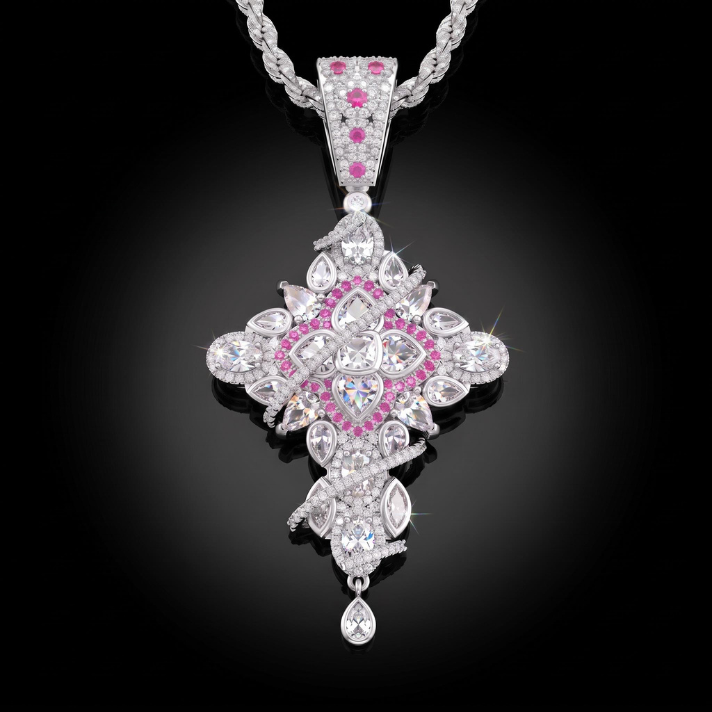 Four-petal Cross Pink Diamond Paved Diamond Men's Pendant Four-petal Cross Pink Diamond Paved Diamond Men's Pendant