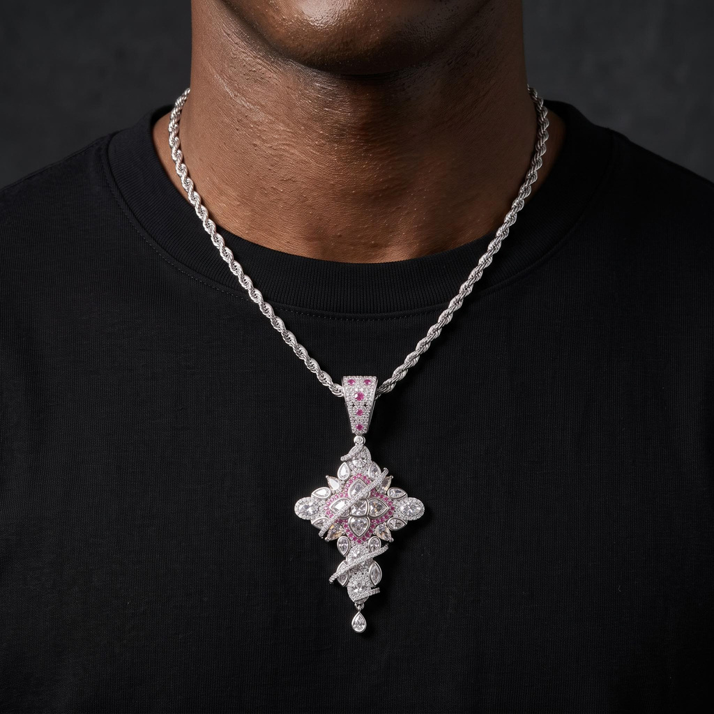 Four-petal Cross Pink Diamond Paved Diamond Men's Pendant Four-petal Cross Pink Diamond Paved Diamond Men's Pendant