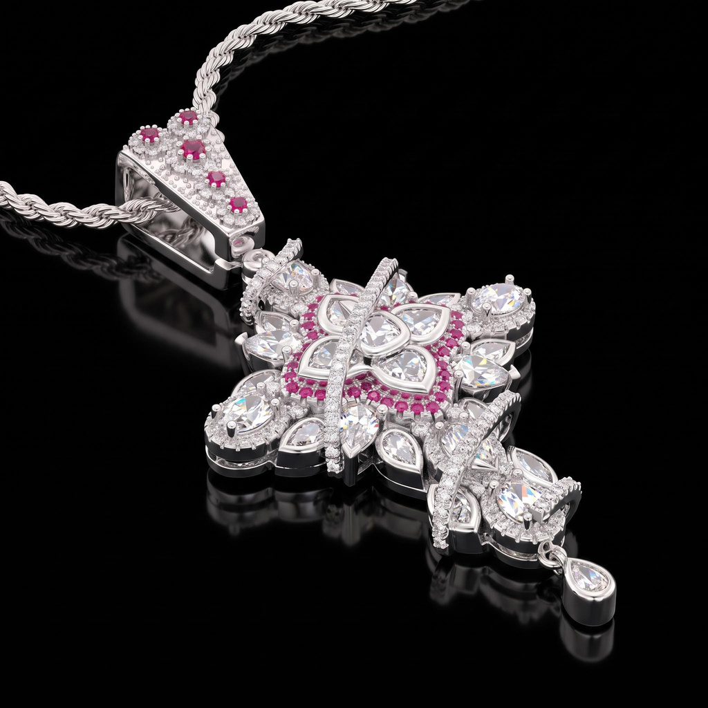 Four-petal Cross Pink Diamond Paved Diamond Men's Pendant Four-petal Cross Pink Diamond Paved Diamond Men's Pendant