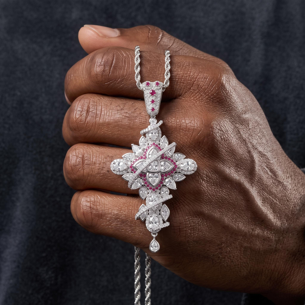 Four-petal Cross Pink Diamond Paved Diamond Men's Pendant Four-petal Cross Pink Diamond Paved Diamond Men's Pendant
