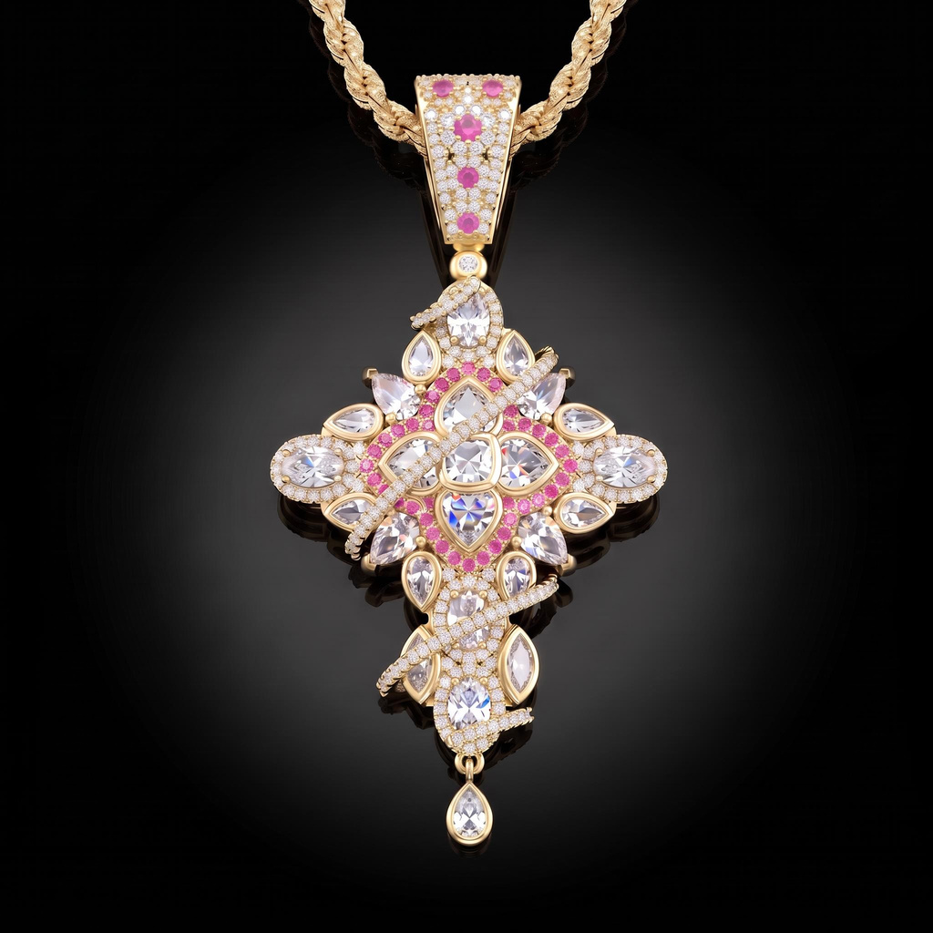 Four-petal Cross Pink Diamond Paved Diamond Men's Pendant Four-petal Cross Pink Diamond Paved Diamond Men's Pendant