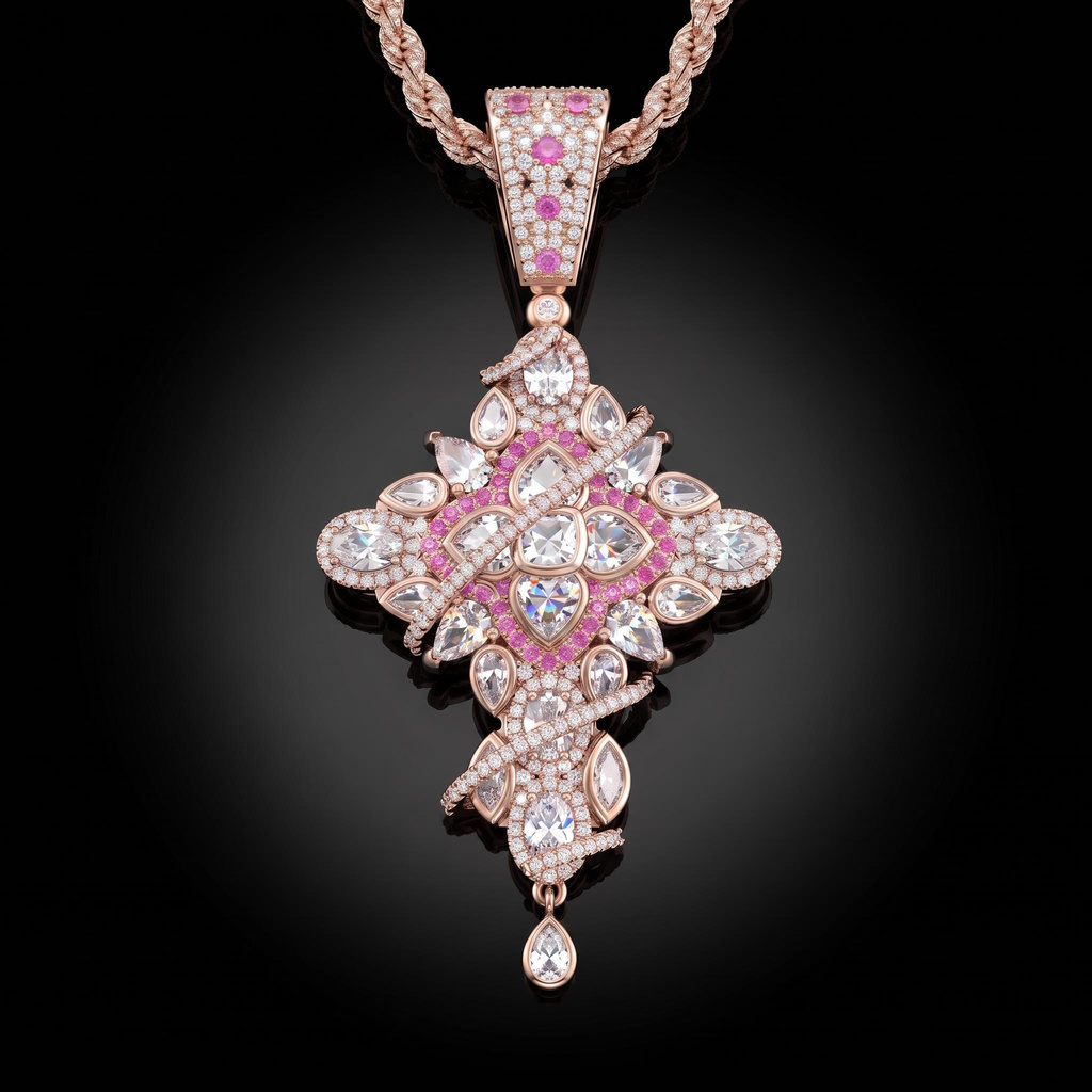 Four-petal Cross Pink Diamond Paved Diamond Men's Pendant Four-petal Cross Pink Diamond Paved Diamond Men's Pendant