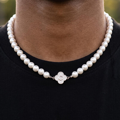 8mm Iced Out Clover Initial Pearl Necklace