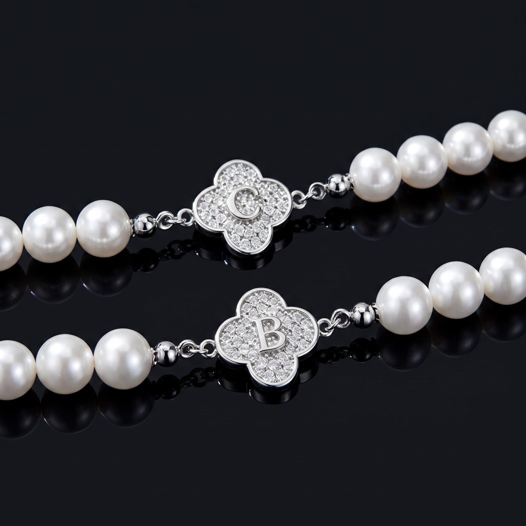 8mm Iced Out Clover Initial Pearl Necklace 8mm Iced Out Clover Initial Pearl Necklace