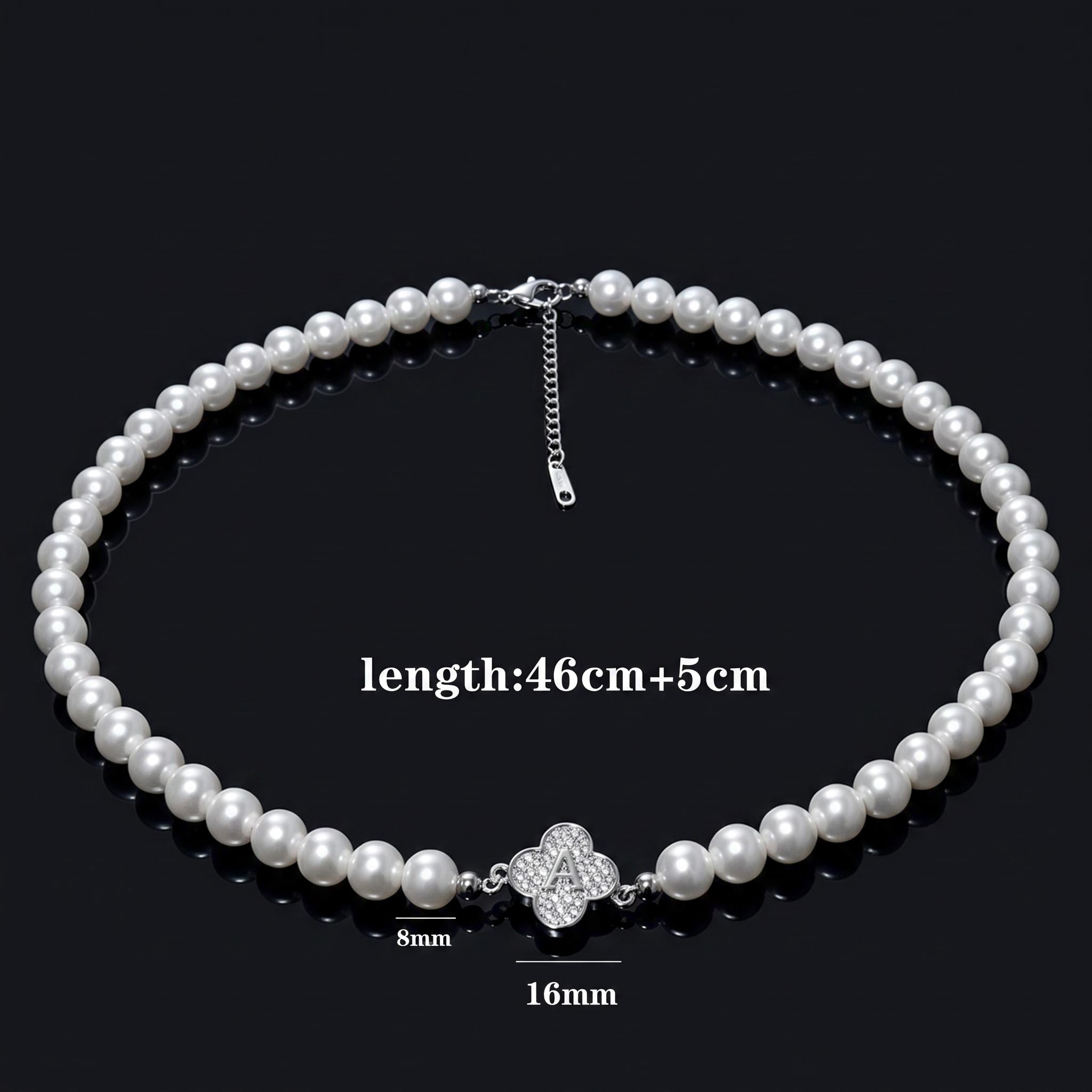 8mm Iced Out Clover Initial Pearl Necklace 8mm Iced Out Clover Initial Pearl Necklace