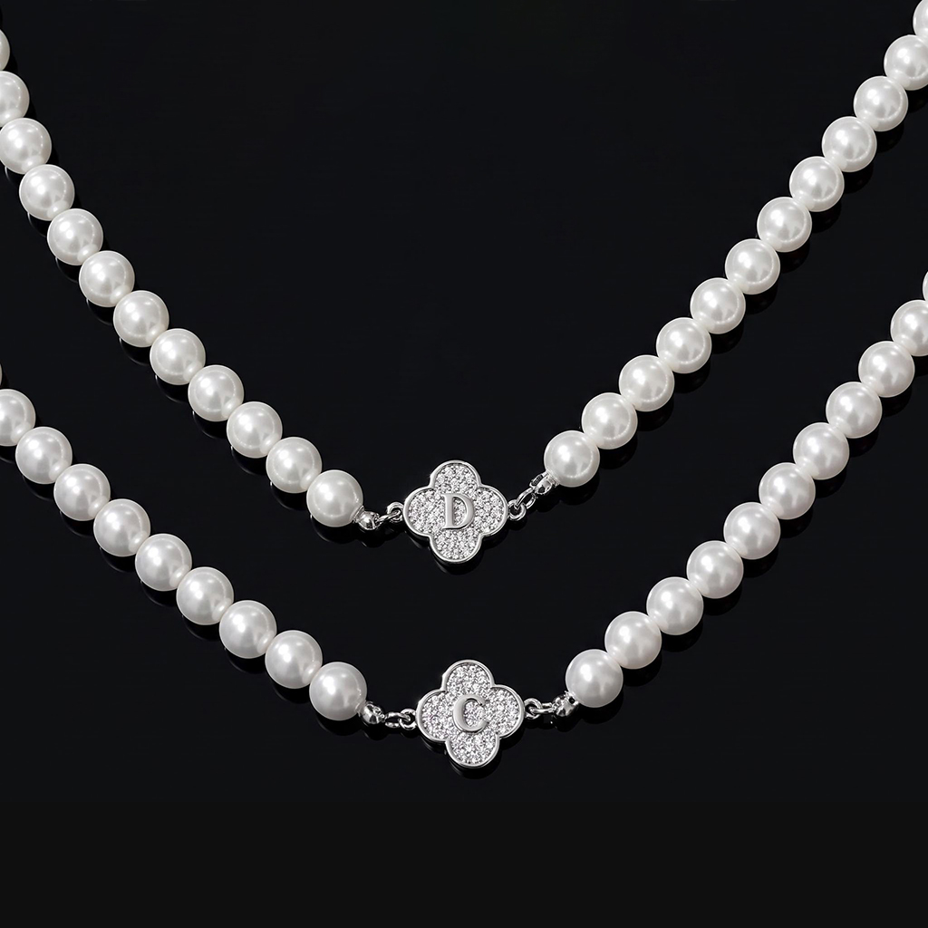 8mm Iced Out Clover Initial Pearl Necklace 8mm Iced Out Clover Initial Pearl Necklace