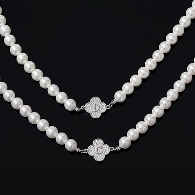 8mm Iced Out Clover Initial Pearl Necklace