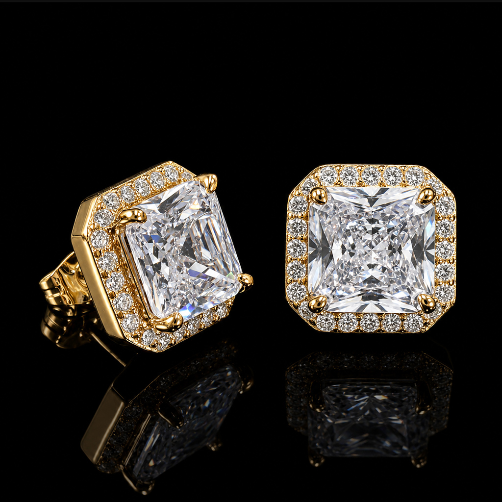 Iced Out Radiant Cut Stud Earrings in Gold