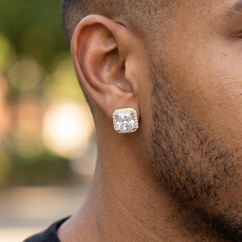 Iced Out Radiant Cut Stud Earrings in Gold