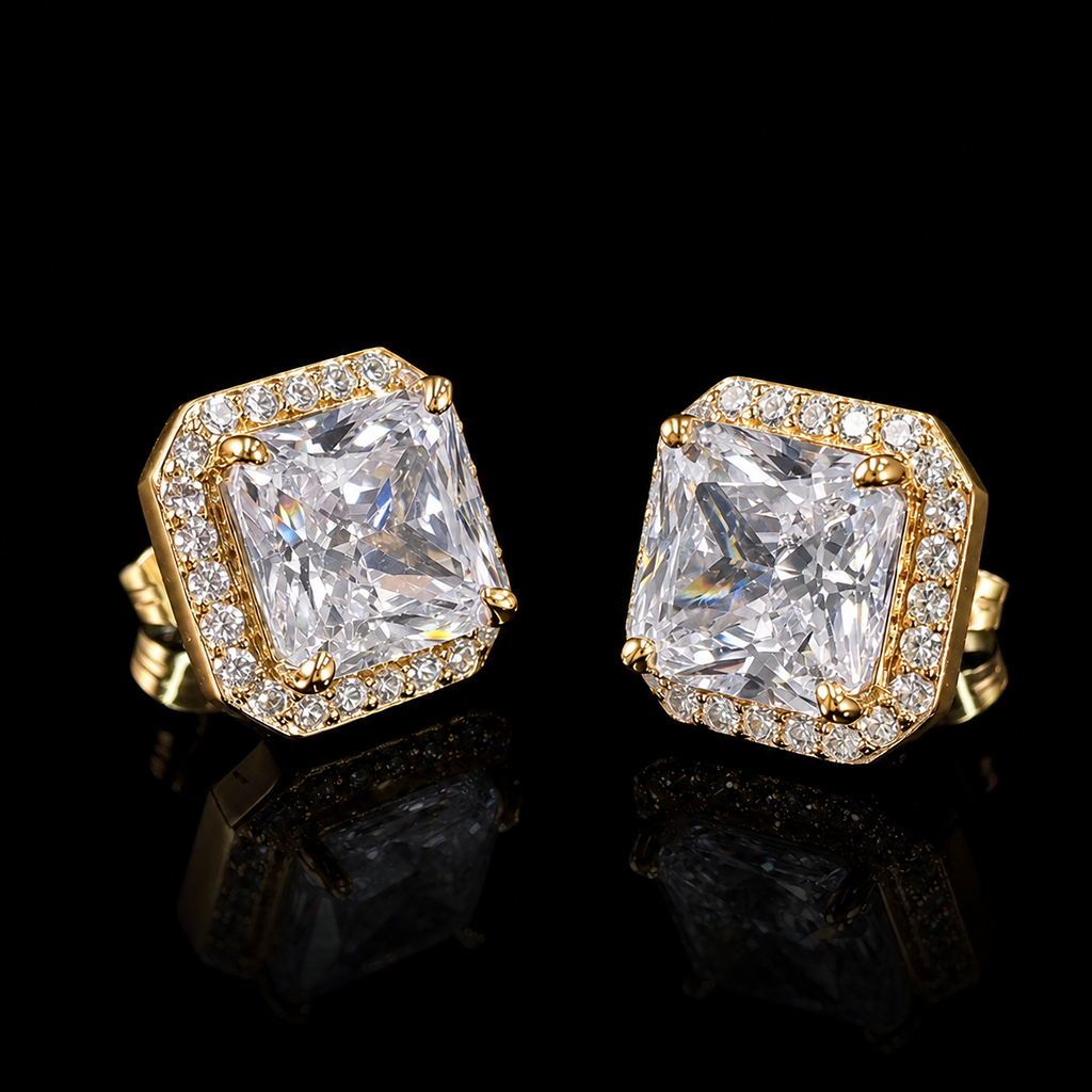 Iced Out Radiant Cut Stud Earrings in Gold