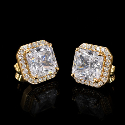 Iced Out Radiant Cut Stud Earrings in Gold