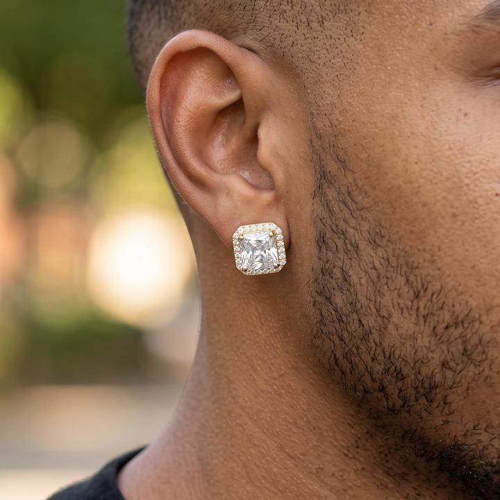 Iced Out Radiant Cut Stud Earrings in Gold