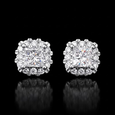 Iced Out Princess Cut Halo Cluster Stud Earrings