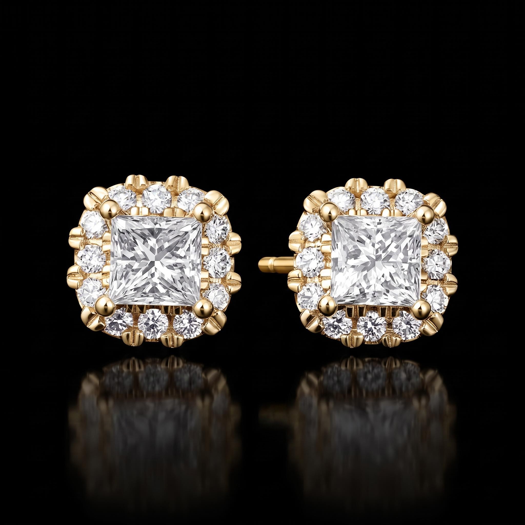 Iced Out Princess Cut Halo Cluster Stud Earrings Iced Out Princess Cut Halo Cluster Stud Earrings