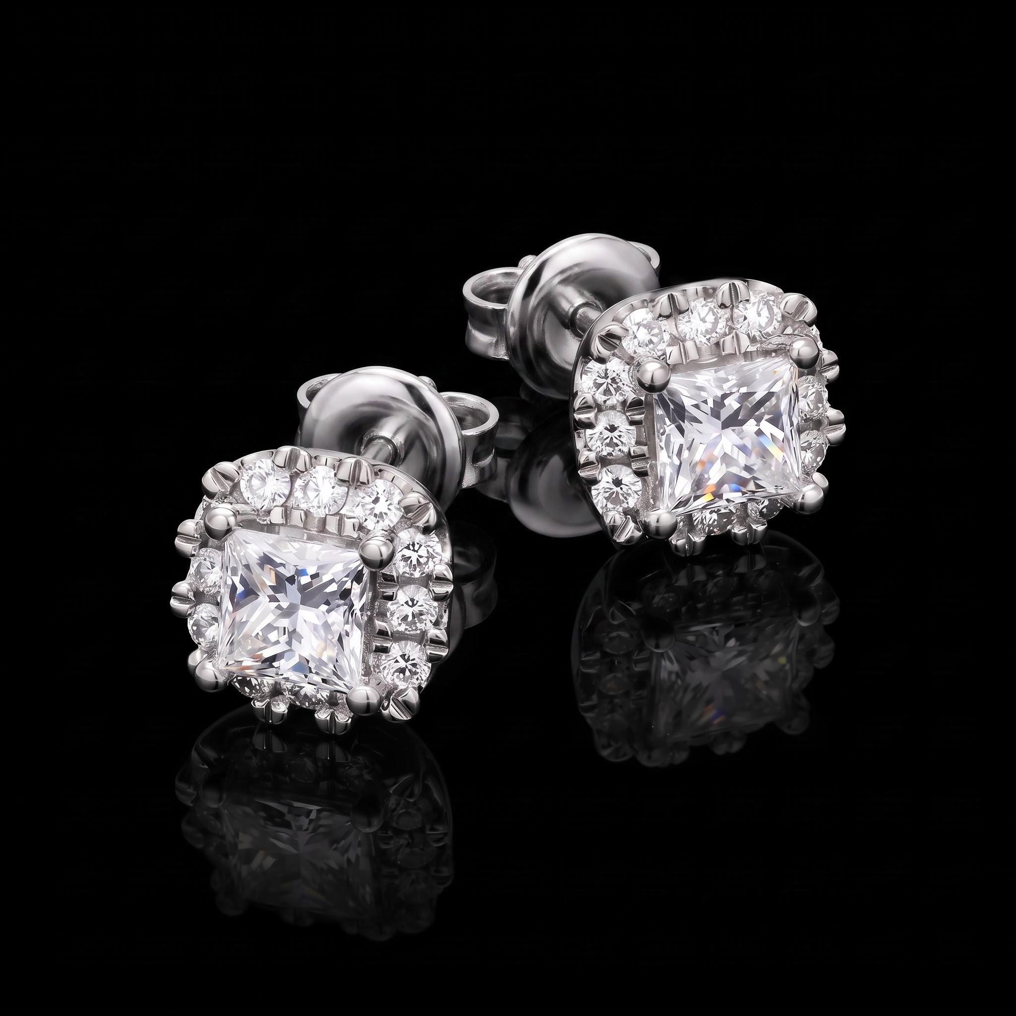 Iced Out Princess Cut Halo Cluster Stud Earrings Iced Out Princess Cut Halo Cluster Stud Earrings