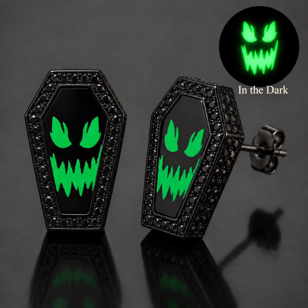 0.53 ct.tw. Glow-in-the-Dark Ghost Face Coffin Paved Black Stone Stud Earrings