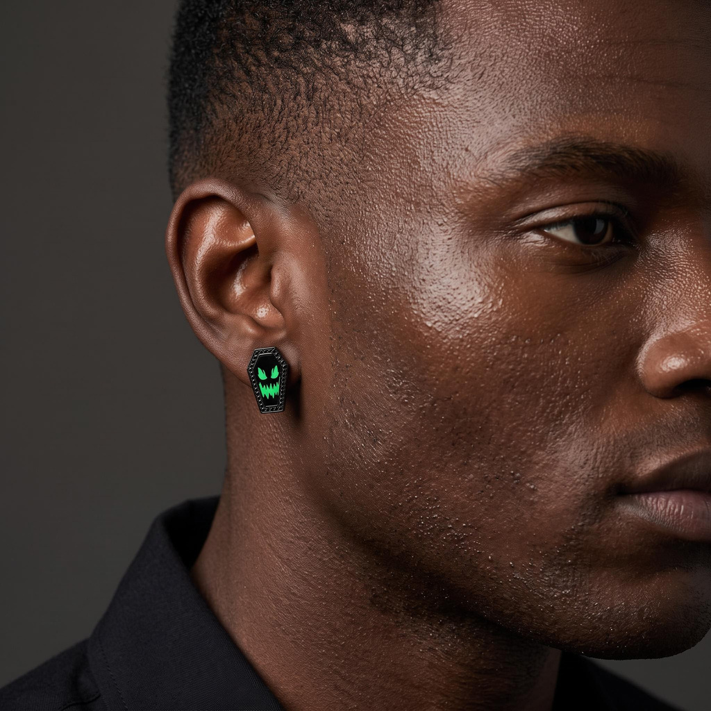 0.53 ct.tw. Glow-in-the-Dark Ghost Face Coffin Paved Black Stone Stud Earrings