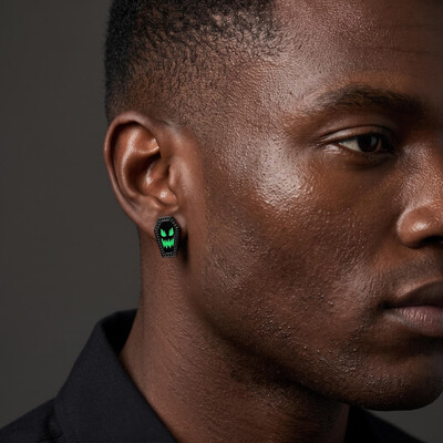 0.53 ct.tw. Glow-in-the-Dark Ghost Face Coffin Paved Black Stone Stud Earrings