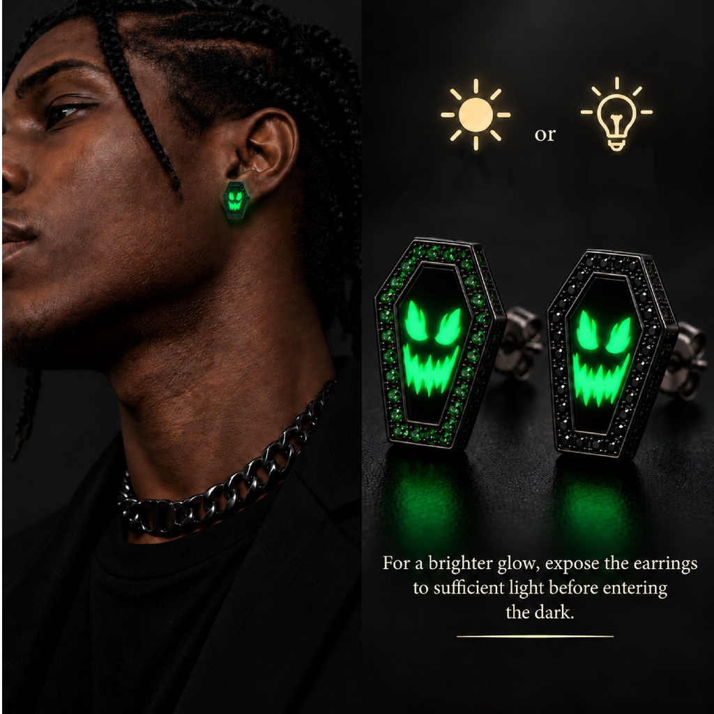 0.53 ct.tw. Glow-in-the-Dark Ghost Face Coffin Paved Black Stone Stud Earrings