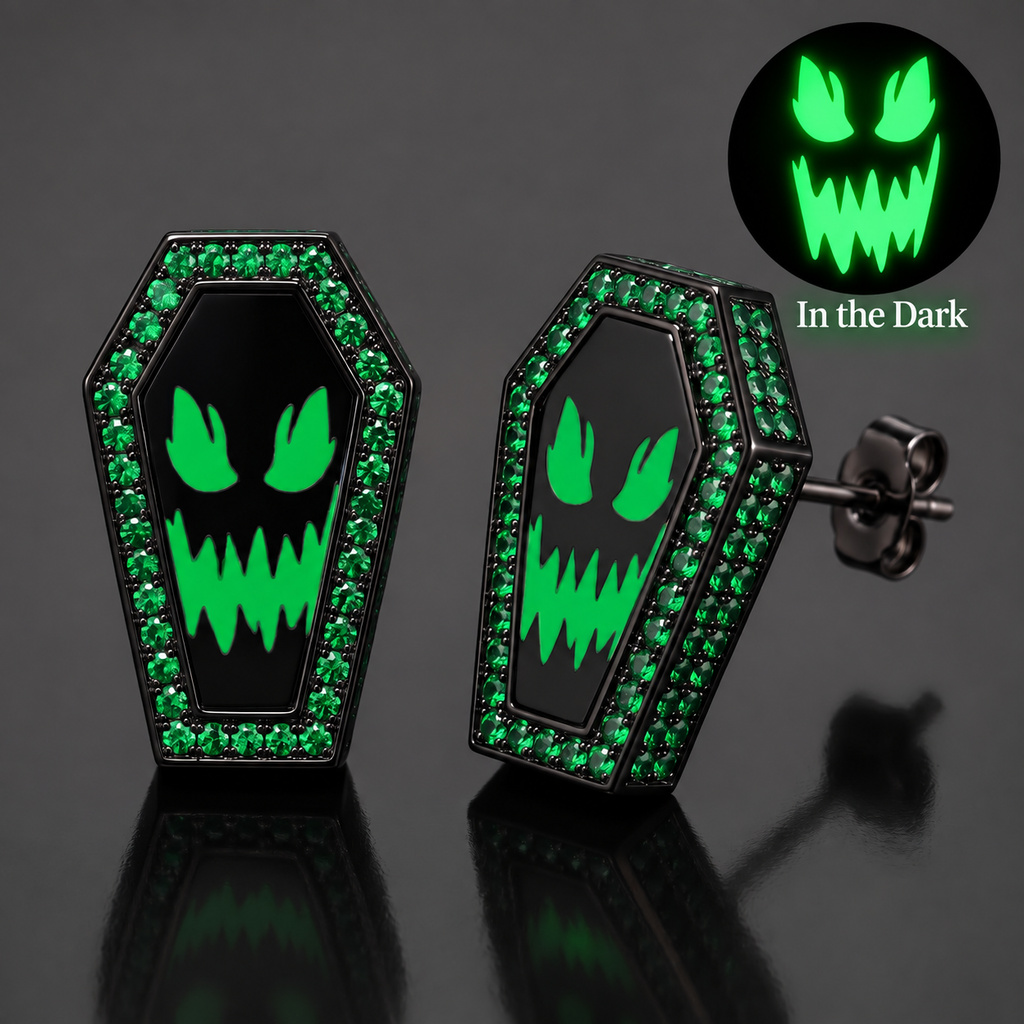 0.53 ct.tw. Glow-in-the-Dark Ghost Face Coffin Paved Black Stone Stud Earrings